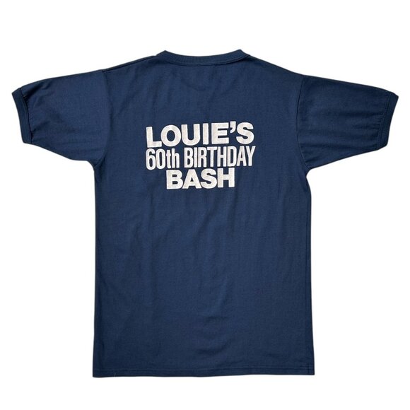 80s Vintage Louie's 60th Birthday Bash T-shirt Slogan Joke Funny Ironic Ringer. - Picture 2 of 6